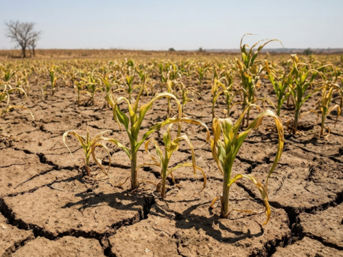 Veld met droogtebarsten en onvolgroeide maïs
