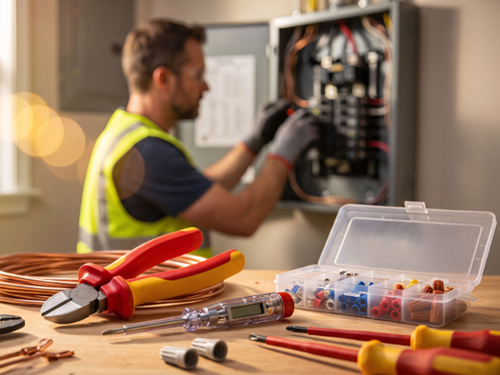 Man werkt aan elektriciteit in een huis